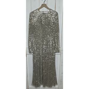 TOPSHOP Champagne Sequin Long Sleeve Evening Gown Midi Maxi Party Dress Size 10